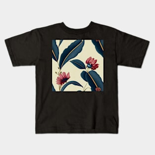 Deep Blue and Rust Autumn Orange Vintage Floral Kids T-Shirt